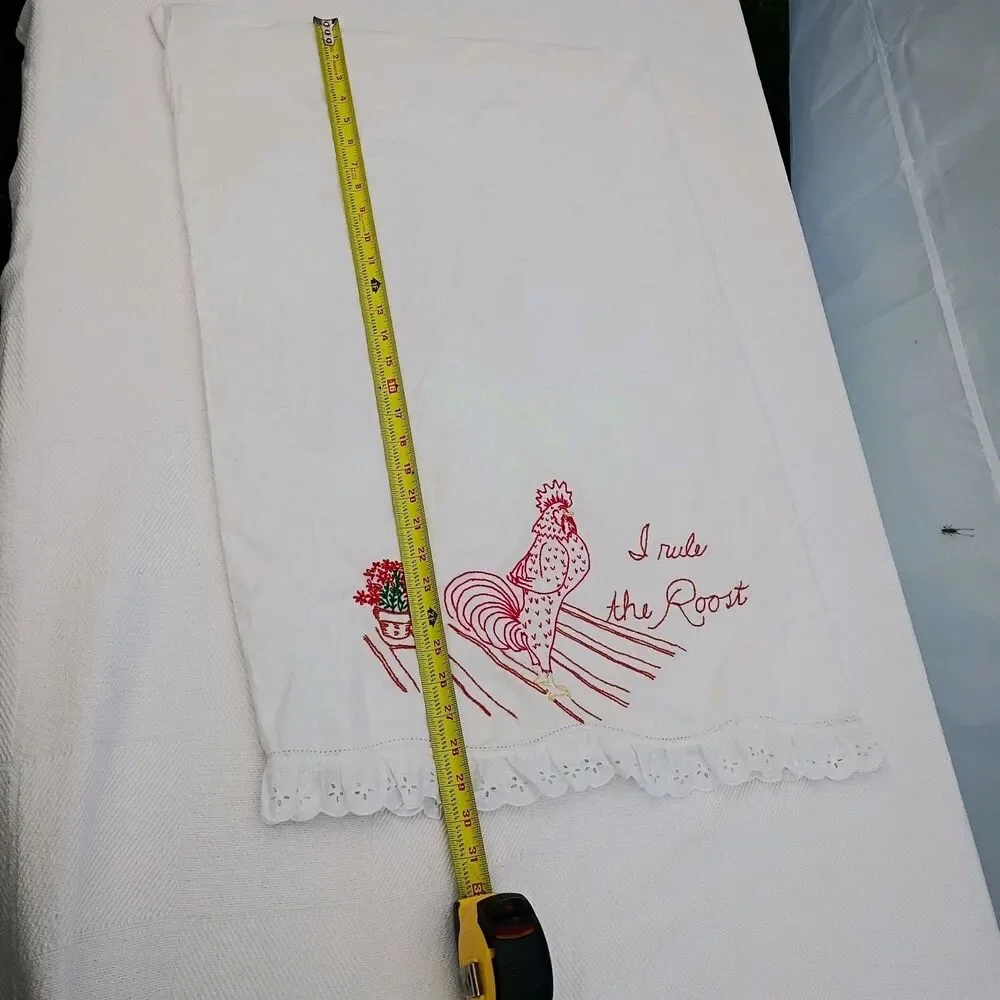 VTG Hand Embroidered Rooster Pillowcase White Eyelet Trim 20x30 Queen Cottage